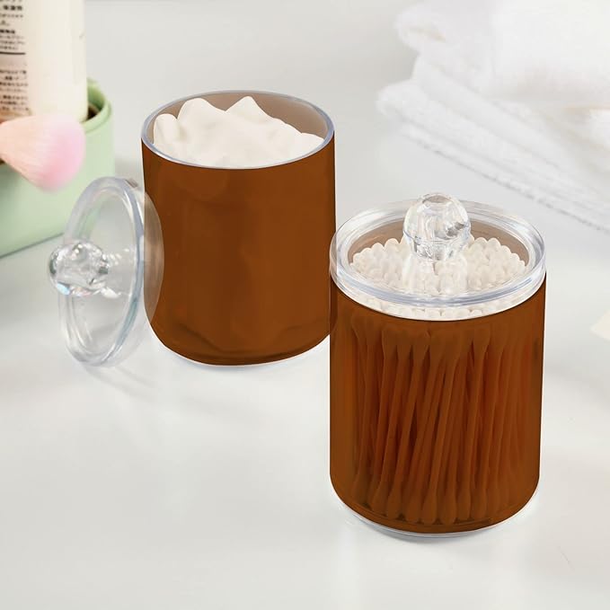 Saddle Brown Qtip Holder Organizer Dispenser Cotton Swabs Cans Plastic Jars with Lid Set 4 Pack Bathroom Storage Canister for Cotton Ball Floss Cotton Pads