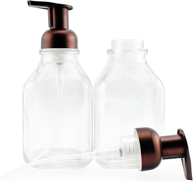 Cornucopia Brands 16-Ounce Square Glass Foaming Soap Dispensers (2-Pack, Clear Bottle w/Bronze Color Pump)