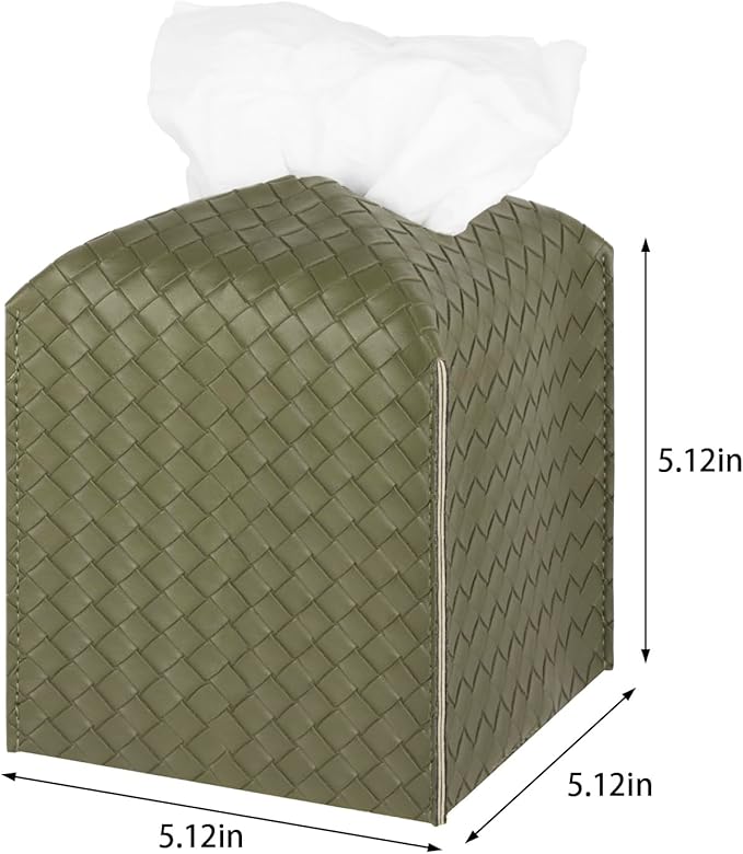 Tissue Box Cover PU Leather Tissue Holder Square Facial Tissue Case Facial Paper Organizer Dispenser for Bathroom, Vanity Countertop, Tabletop, Car, Olive Green