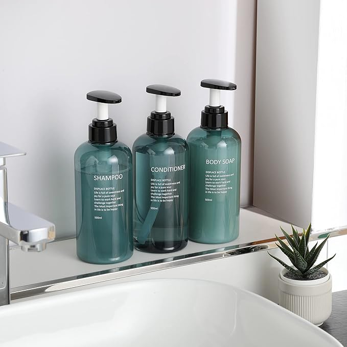 Shampoo and Conditioner Dispenser Bottles-3pcs 16.9oz Plastic Empty Refillable Pump Lotion Bottle Containers Set for Guest Bathroom Shower Body Wash, Reusable Cosmetic Labeled Bottles, Blue