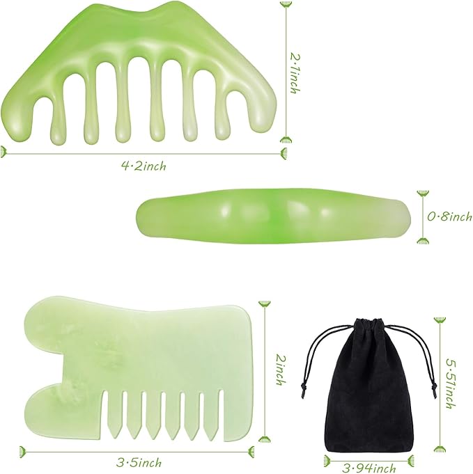 Geiserailie 2 Pcs Jade Combs Esthetician Supplies Massage Stone Hair Gua Sha Scraping Scalp Comb Facial Massage Tool Handheld Head Tools Head Caring Therapy Mother's Day for Women(Mixed Style)