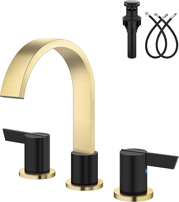 Aolemi Bathroom Faucets 3 Hole,8 Inch Widespread Waterfall Bathroom Sink Faucet,2 Handles Vanity Faucet with Pop-up Drain and Supply Hose,Brushed Gold and Matte Black