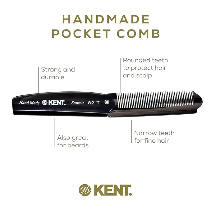 Kent 82T Black Graphite Folding Pocket Comb for Men, Fine Tooth Hair Comb Straightener for Everyday Grooming, Beard or Mustache, Use Dry or with Balms, Saw Cut Hand Polished, Made in England