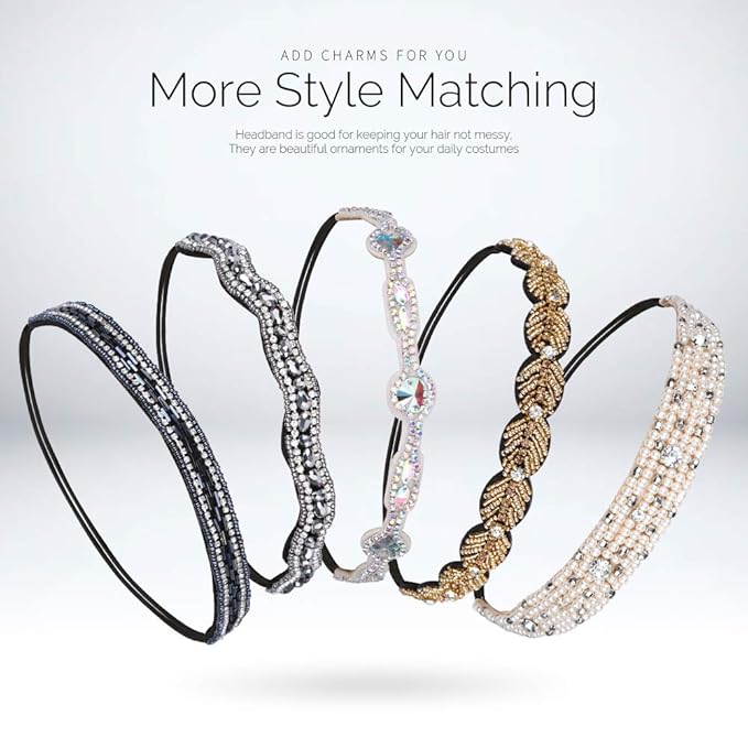 Teenitor 5Pcs Elastic Rhinestone Beaded Headbands, Jeweled Head Bands for Women's Hair, Hair Headbands Hat Bands for Women Girls