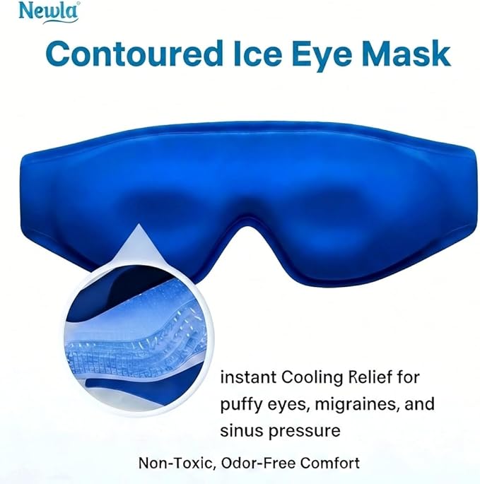 Cooling Gel Eye Mask for Puffy Eyes: Upgraded Full-Eye Coverage: Larger Contoured Cold Compress for Dark Circles & Eye Bags, Soft Flexible Reusable Gel, Adjustable Strap, Travel Pouch (Blue)