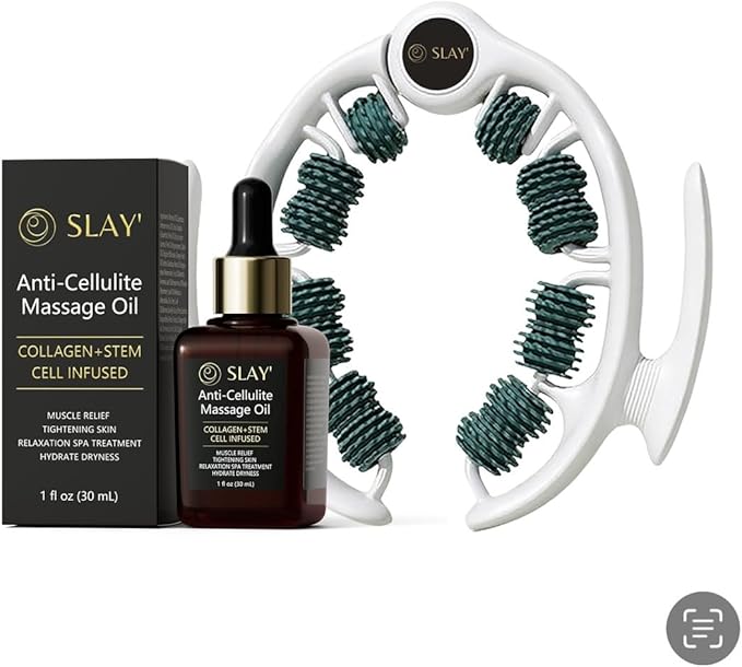 SLAY' Anti Cellulite Massage Roller & Body Oil Bundle, Lymphatic Drainage Roller, Cellulite Remover for Legs and Arms, Deep Tissue Massage Relief, Self Care Gifts, Womans Gifts