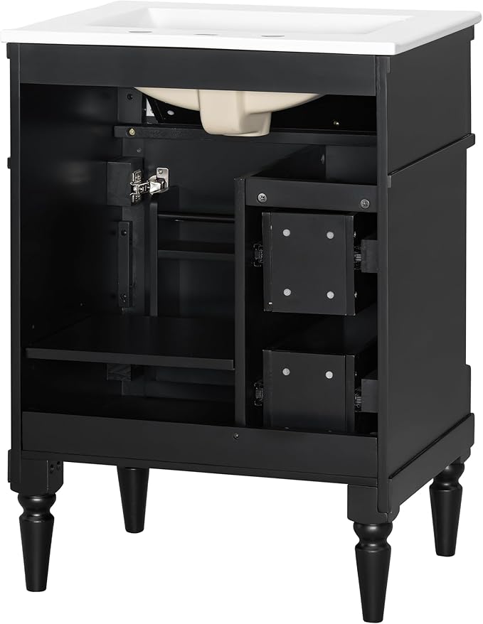 Harper & Bright Designs 24" Bathroom Vanity with Sink, Free Standing Bathroom Vanity Set with Flip Drawer, 2 Drawers, and Adjustable Shelf, Wood Storage Cabinet with Ceramic Basin for Bathroom, Black