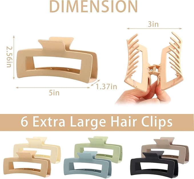 4 PCS 5 Inch Extra Large Claw Clips for Women, Large Jumbo Claw clips for Thick Long Curly Hair, Oversized Matte Non-slip Rectangle, Durable Strong Hold Hair Clip, Non-slip Square Jaw Clips
