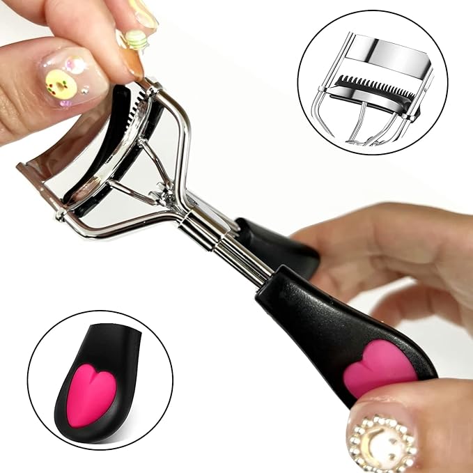 Stainless Steel Eyelash Curler with Comb and Eyelash Brush Fit Suitable for Any Eye Shapes and Sizes, with 5 Silicone Refill Pads (Black Set)