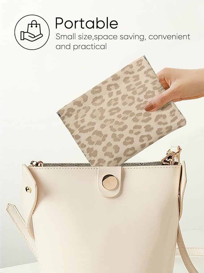 Leopard Leather Small Makeup Pouch for Women,Cosmetic Accessories,Waterproof and Portable Cosmetic Bag,Self-closing, No Zipper, Aesthetic Storage Pouch,Lipstick for Purse,Oyster Grey Brown