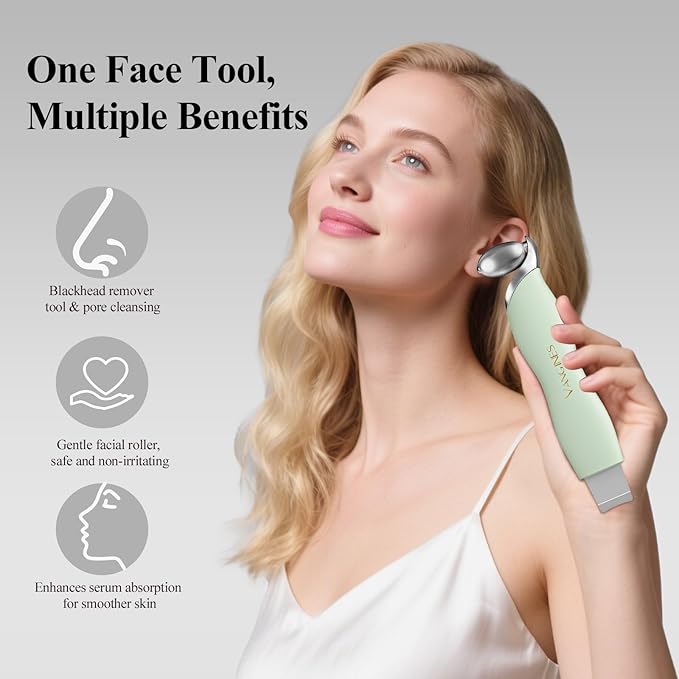 3-in-1 Blackhead Remover Tool with Ice Roller & 2 Silicone Brush Heads - Pore Cleaning Face Spatula, Stainless Steel Skin Scraper for Nose, T-Zone Deep Cleansing (Sage Mist)