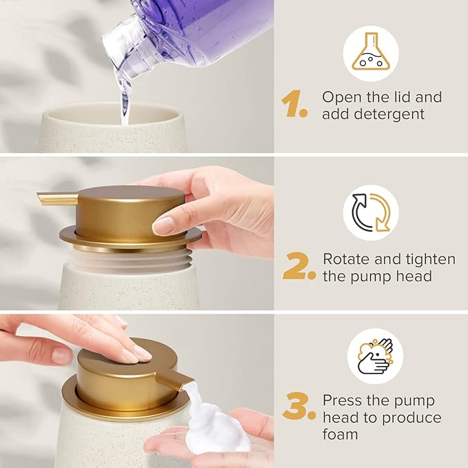 Foaming Soap Dispenser - 12 Oz Ceramic Soap Dispenser with Pump, Liquid Hand soap Dispenser for Bathroom & Kitchen, Refillable Lotion Dispenser