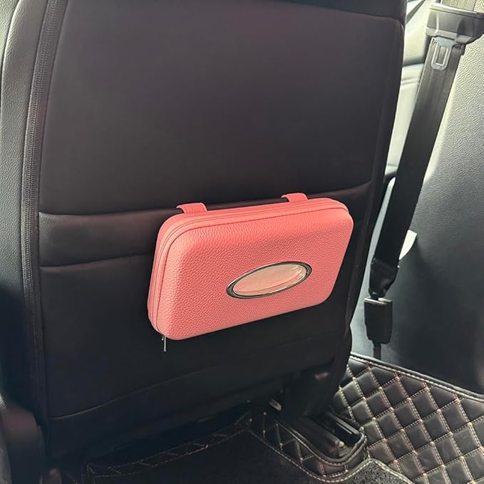 Sun Visor Tissue Holder, Zipper Napkin Holder, PU Leather Backseat Tissue Case for Vehicle (Pink)