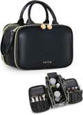 Prite Makeup Bag for Women, Large Capacity Waterproof Travel Cosmetic Organizer, Portable Open Flat Toiletry Bag with Free-standing Brush Holder and Handle(Black Large)