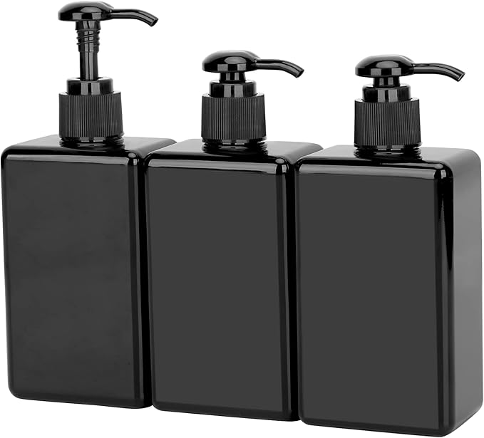 Suream Empty Shampoo Bottles with Pump, 3Pack 9.5oz/280ml Refillable Body Wash Dispensers for Shower, Black Plastic Countertop Soap Bottle for Bathroom, Kitchen Sink, Hotle, Salon