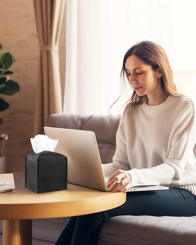 Leather Tissue Box Cover Square – Tissue Holder with Bottom Belt [JESMINI, Black] Aesthetic PU Leather Tissue Box Holder Decorative for Bathroom, Home Office Decor