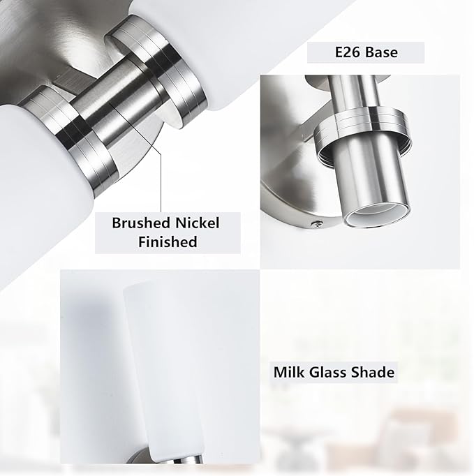 2 Light Brushed Nickel Bathroom Light Fixture Over Mirror, Modern Farmhouse Bathroom Vanity Light with Milky White Frosted Glass Shade, Wall Sconce for Hallway Cabinet Bedroom Porch