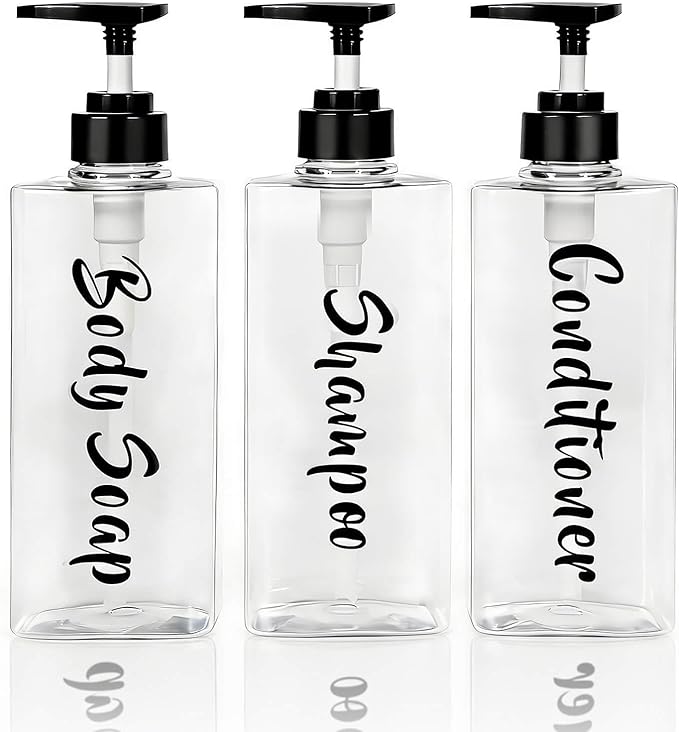 16.9oz Clear Shampoo and Conditioner Dispenser Set of 3, Refillable Empty Shampoo Bottles with Pump for Shower, Printed Plastic Soap Dispenser for Bathroom, Rectangular Body Wash Container Sets