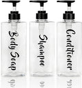 16.9oz Clear Shampoo and Conditioner Dispenser Set of 3, Refillable Empty Shampoo Bottles with Pump for Shower, Printed Plastic Soap Dispenser for Bathroom, Rectangular Body Wash Container Sets