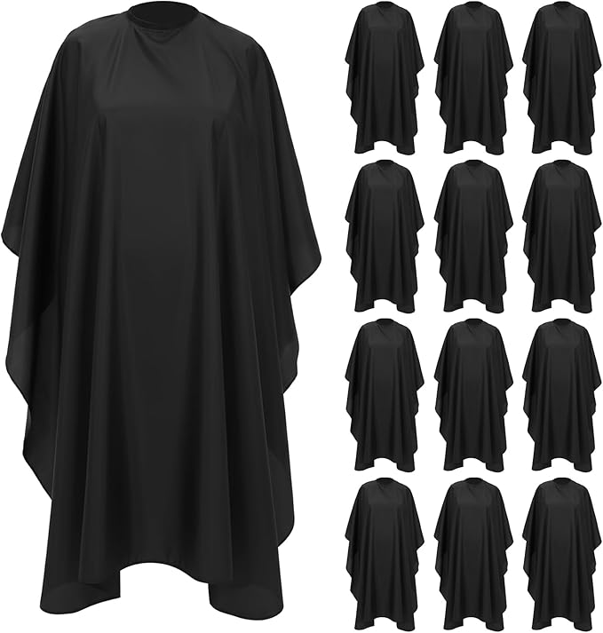 12 Pcs Barber Cape with Adjustable Snap Closure, Hair Cutting Cape, 59 x 47 Salon Apron for Women Men, Professional Hair Cutting Salon Capes for Hairstylist Hair Dye, Black