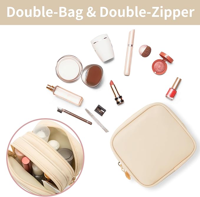 Small Makeup Pouch, Double Zipper Cosmetic Bag, Travel Makeup Bag, Cute Makeup Bag for Purse, Mini Toiletry Bag (sand)