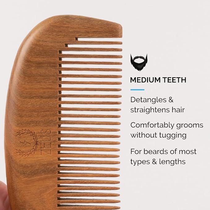 ZEUS Sandalwood Beard Comb for Men, Natural Wooden Comb with Leather Sheath, Travel-Friendly & Anti-Static Grooming Tool (S31)