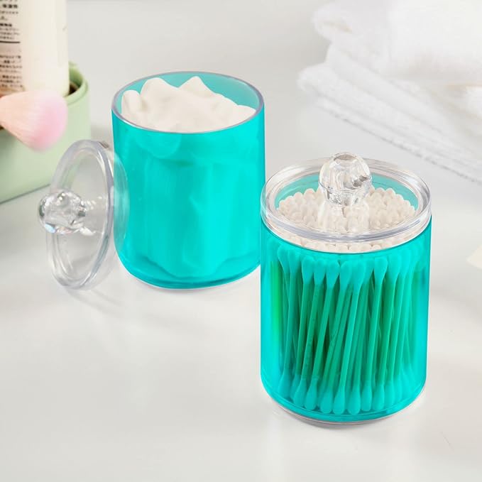 Teal Green Qtip Holder Organizer Dispenser Cotton Swabs Cans Plastic Jars with Lid Set 2 Pack Bathroom Storage Canister for Cotton Ball Floss Cotton Pads