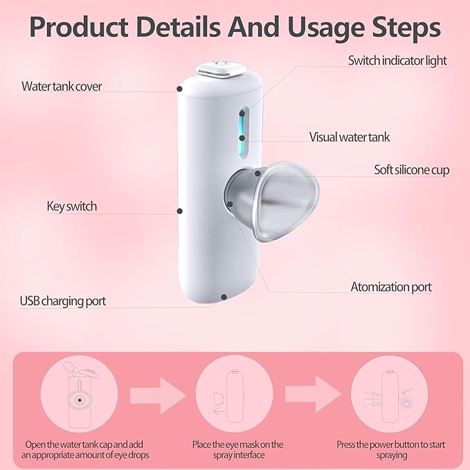 Nano Eye Mist Sprayer - Portable Cool Mist Humidifier for Dry Eye Relief, USB Eye Care Device for Moisturizing & Soothing, Mini Facial Steamer for Eye Fatigue, White
