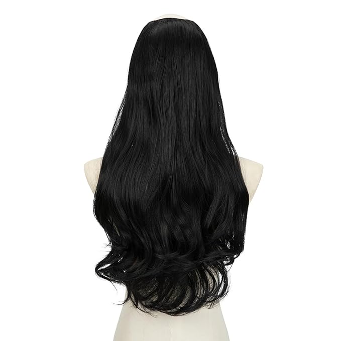 SARLA Clip in U Part Hair Extensions Synthetic Long Wavy Curly Thick Full Head Hairpiece for Women Jet Black 24 Inch