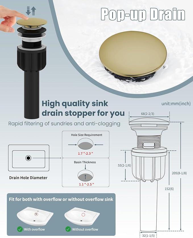 Bathroom Sink Faucet, Brushed Gold Bathroom Faucet 3 Hole with Pop-up Drain and Vessel Sink Hole Cover 6", Stainless Steel Single Handle Faucets for Bathroom Sink-2 Sets