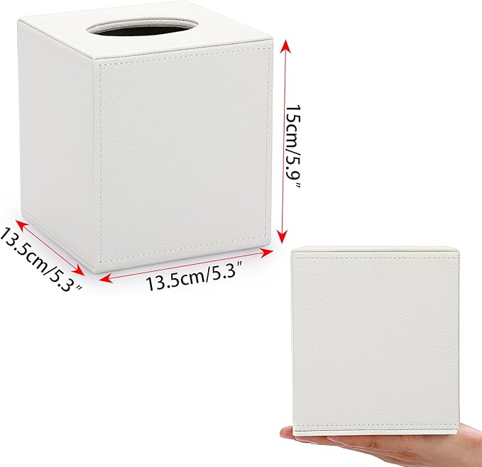 Sumnacon Tissue Box Cover Square Tissue Box Stylish PU Tissue Box Holder with Magnetic Bottom, Cube Leather Tissue Cover for Living Room Bathroom Table Desk Home Office Car, White