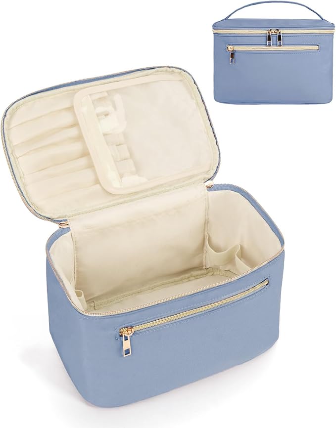 Wandering Nature Large Makeup Bag, Travel Make Up Organizer Cosmetic Brush Bags Case for Women in Fabric,Blue,Patent Pending