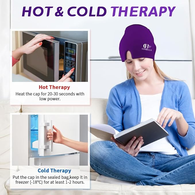 Migraine Relief Cap, Soothing Headache Ice Face Mask Products, Hot and Cold Therapy, Migraine Headache Relief Cap for Migraine, Sinus, Puffy Eyes, Tension, Stress and Hangover (Pink+Purple)