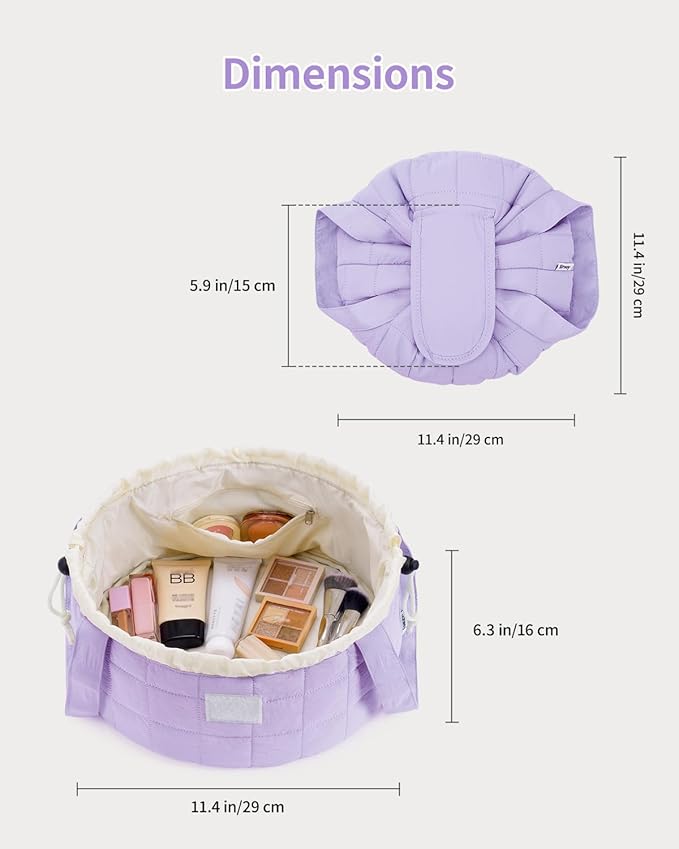 Narwey Quilted Drawstring Makeup Bag, Large Cosmetic Bag Cute Make up Bags Toiletry Bag Travel Bags for Toiletries Organizer for Women Gift for Teen Girls (Purple) (Patent)