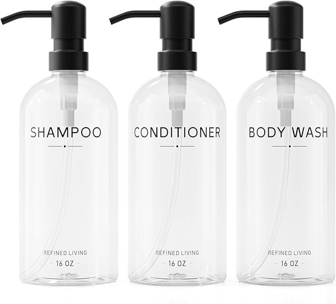 Shampoo and Conditioner Dispenser Set,3 Refillable 16oz Bottles with Stainless Steel Pumps – Shower Soap Dispensers for Bathroom, Hotel or Airbnb (Transparent, 3-Pack)