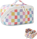 DYSHAYEN Travel Makeup Bag with Compartments Clear Coated Cosmetic Bag for Women, Waterproof Portable Open Flat Toiletry bag （Rainbow Gingham）