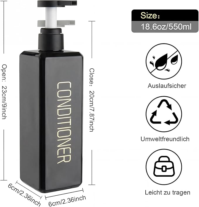 Shampoo and Conditioner Dispenser Shower Soap Bottles 3 Pack 550ml/18.6oz Refillable Shampoo Pump Bottle Dispenser Plastic Empty Body Wash Dispensers with Stylish Permanent Labels for Bathroom (Black)