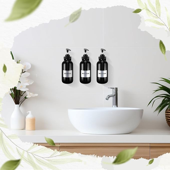 Remerry 6 Pack Shampoo and Conditioner Dispenser Wall Mount 17oz No Drill Shampoo and Conditioner Dispenser with Matte Pump and Waterproof Labels Shower Soap Bottles Wall Mounted for Home Bathroom