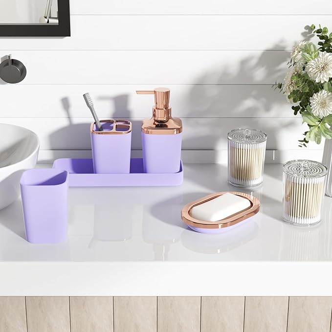 Bathroom Accessory Set–Bathroom Sets with Shower Curtain and Rugs, Non Slip Bathroom Rugs Super Absorbent, Light Purple Ombre Shower Curtain with Hooks, Lavender Bathroom Sets Complete for Home