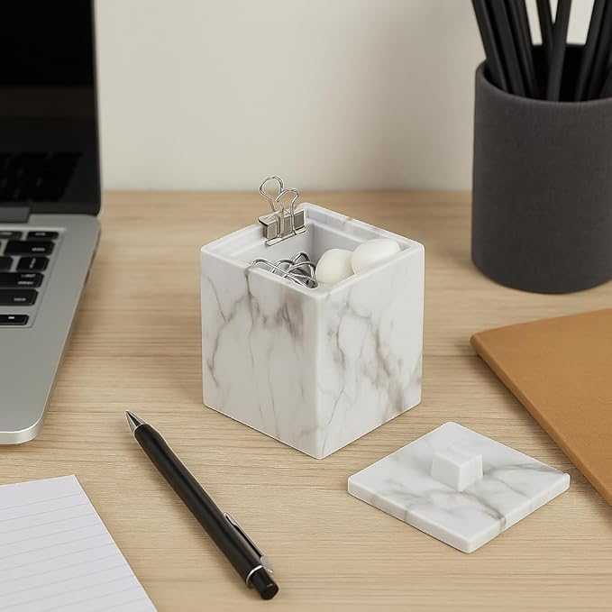Jung Ford 2-Pack Marble Pattern Cotton Swab Holders with Lids, Resin Bathroom Vanity Storage Jars, Square Qtip Containers for Cotton Balls, Pads, and More (White)