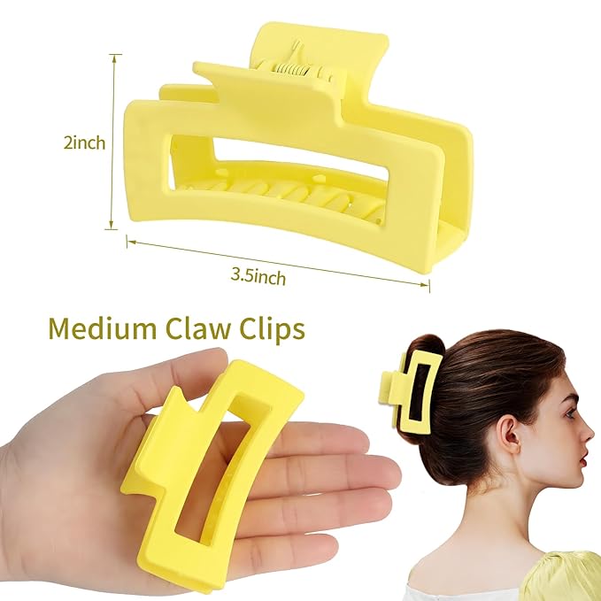 3.5 Inch Medium Hair Claw Clips 6 Pack Hair Clips for Women Square Rectangle Claw for Hair Banana Jaw Clips Hair Accessories for Girls (Yellow)