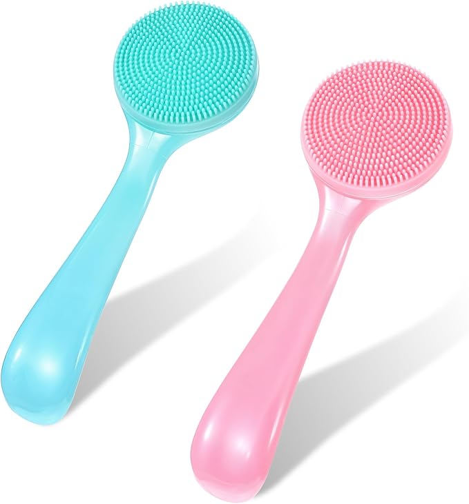 2 Pack Silicone Facial Cleansing Brush, Manual Scrubber for Removing Blackheads, Whiteheads, Skin Friendly Cleansing Soft Brush Exfoliating Massaging Brushes for Men and Women (Blue, Pink)