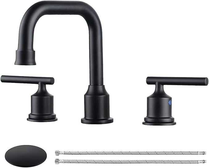 WOWOW Two Handles Widespread 8 inch Bathroom Faucet Black 3 Pieces Basin Faucets 360 Degree Swivel Spout Lavatory Sink Faucet
