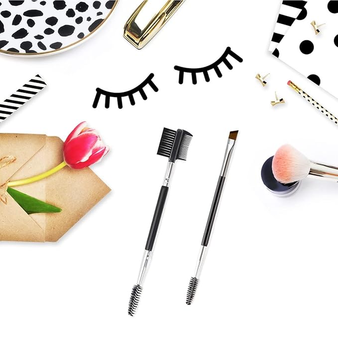 2PCS- 1 Eyebrow Brush + 1 Eyelash Shaper, Professional Double-Ended Angled Eye Brow Spoolie Brush, 3 Head Eyelash Comb Double Head Brushes, Makeup Grooming Tools Brushes for Shaping Brow Lashes