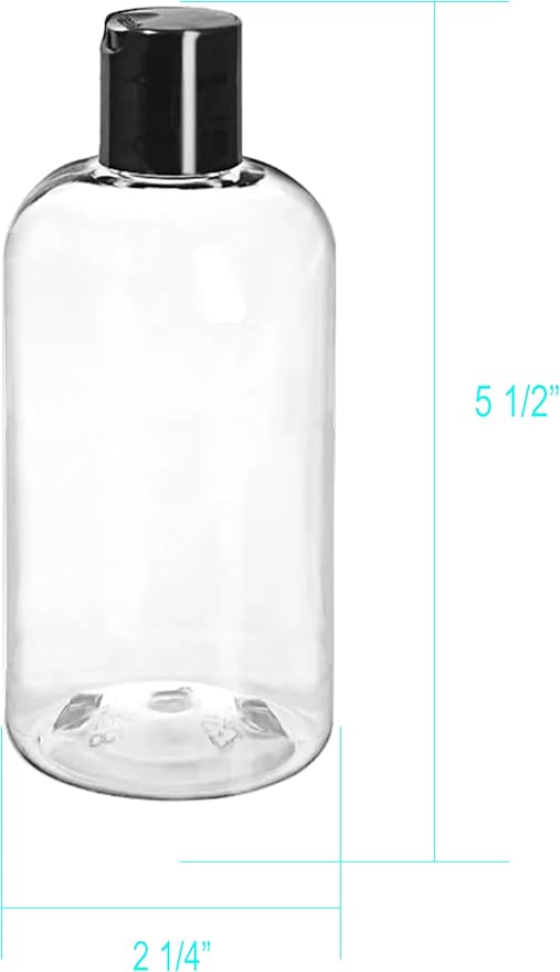 ljdeals 8 oz Clear Plastic Empty Bottles with Black Disc Top Caps, Squeezable Refillable Containers for Shampoo, Lotions, Cream and More, Pack of 2, BPA Free, Made in USA