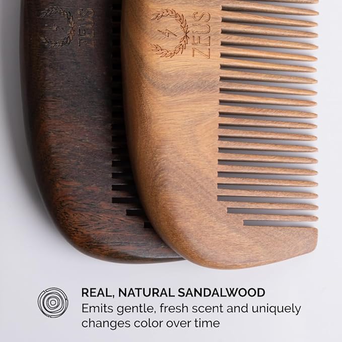 ZEUS Sandalwood Beard Comb for Men, Natural Wooden Comb with Leather Sheath, Travel-Friendly & Anti-Static Grooming Tool (S31)