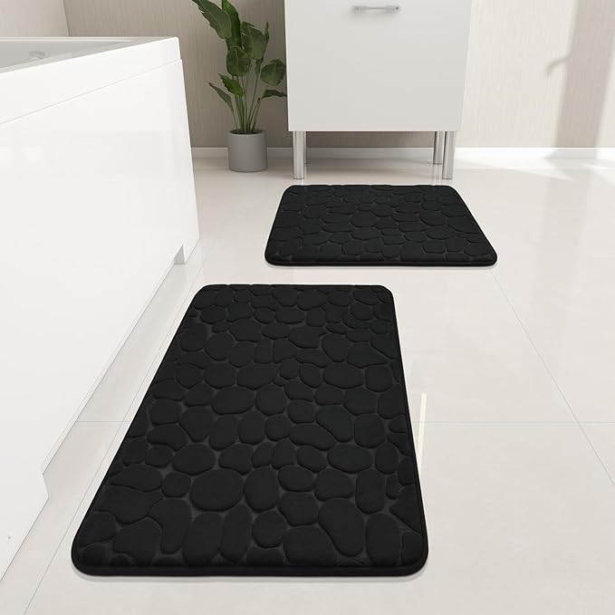 YIHOUSE Bathroom Rugs Mat Set 2 Piece Black, Memory Foam Bath Mats Sets, Non Slip Water Absorbent Washable Bath Rugs for Sink, Toilet and Floor