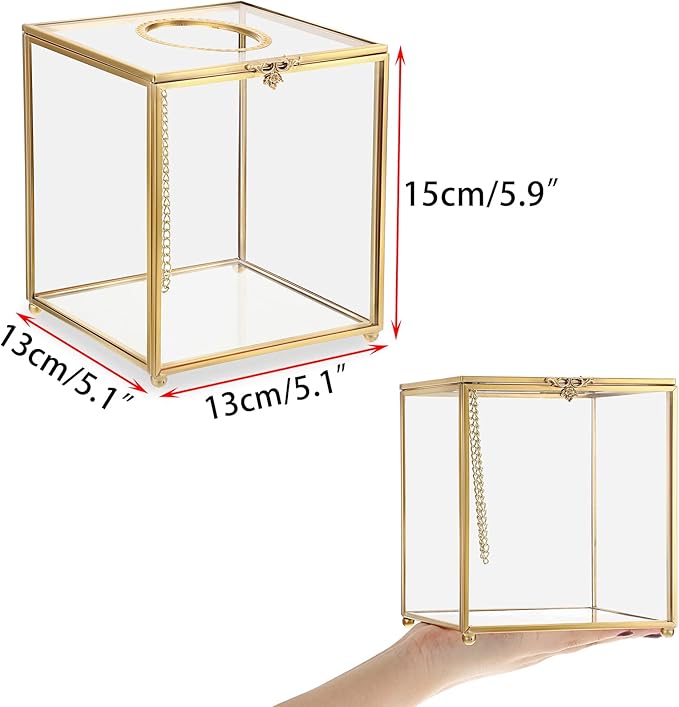 Sumnacon Square Clear Glass Tissue Box Cover -Dainty Cube Tissue Box Holder, Gorgeous Gold Facial Tissue Holder for Dresser Bathroom Bedroom Home Office Bar Restaurant Decor