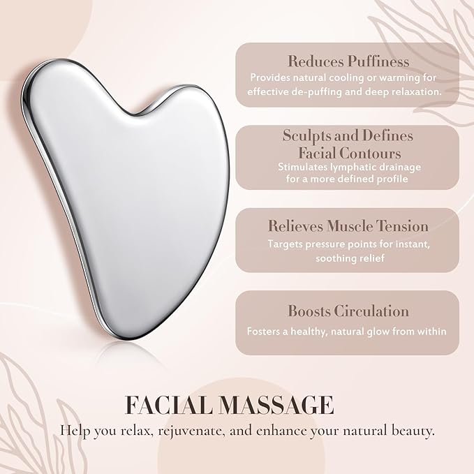 Nuanchu Stainless Steel Gua Sha Facial Tools Metal Guasha Tool for Face Body Jawline Shaper, Double Chin Reducer, Puffiness Reducing, Lymphatic Drainage Massager Skin Care Gift with Pouch(Silver)