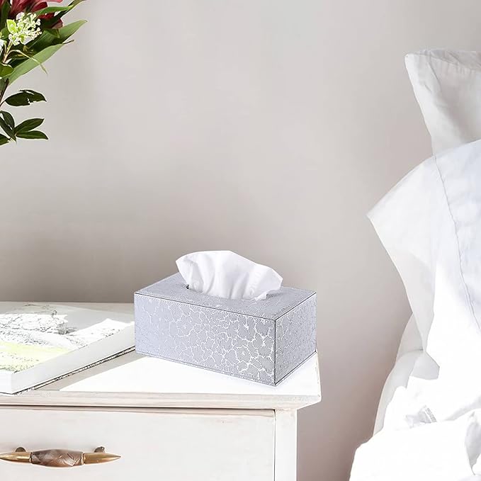 Sumnacon Rectangular Leather Tissue Box Cover - Stylish Tissue Box Holder with Magnetic Bottom, Decorative PU Tissue Box for Vanity Dresser Night Stand Table Countertop Home Office Car, Silver